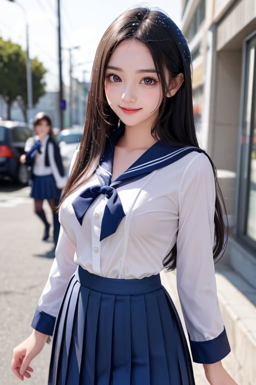 super cute loli face, 
very beautiful loli girl, 
(sparkling clear attractive large eyes:1.2), cheerful,
11 yo,
long straight hair, 
detailed beautiful eyes,
realistic photgraph,
(dark blue sailor high school uniforms pleated skirt:1.1),
(costume exposing only the bulges of the two breasts:1),
(both breasts exposed:1.2),
(costume with two holes to protrude breast bulge:1),
(costume with cut-outs for breasts only:1.1),
costume with cut-outs only for the two breast bulges:1.1),
(nsfw:1.1),
in the street,tangfengspabelle