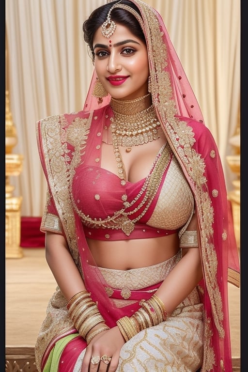 beautiful Indian 21 year girl , looking_at_camera, closeup  , image standing, red hair, cute face smile , tight boobs , full length pic one side pose, rajsthani traditional dress, realistic body skin, royal looking rajsthani princess , body skin texture, face glow, atrective face, toxic eyes, round face, boobs size 42, tight stomach, abs on stomach,tight boobs, half cleavage visible,clothes texture good, tight blause, brown eyes, looking forward, eyes people front look, image background , beautiful rajsthani traditional village woman , wearing red golden rajasthani bra, yellow pink rajasthani lehnga, stomach visible, heavy jewellery, long hairs, cute smile, shiny eyes, nice shape body,  crossed hand, full length body, sitting in image , 8k render, realistic portrait of an Indian girl with a muscular body, showcasing natural spots, taut skin, in a confident sitting pose, adorned in traditional Rajasthani princess attire, emphasizing realism and cultural authenticity, royal rajwadi background, palace in background, traditional Indian dress, realistic, smiley face, glow face, little bit fatty face, red dress colour, pink lipstick, bold lips, dress colour same like image, dressing like image, standing pose like image all specifications like image, rajwadi jwellery pandent, necklace,