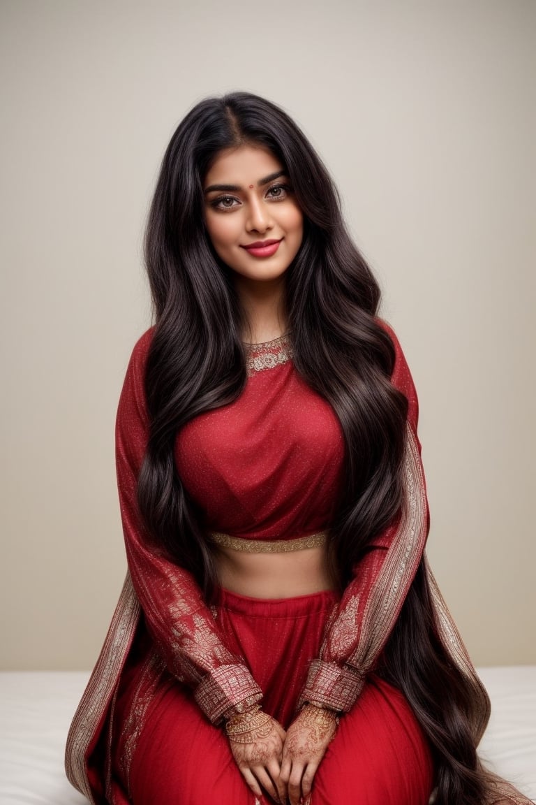 Lovely cute young attractive indian  girl, 25 years old, cute model, long black_hair, black  hair, They are wearing a indian wedding red attire, and she is sitting on bed, realistic smiley face,long face, dimple on cheek, body figure tight boobs size 20, bottom 21, fluppy cheeks, looking closely,