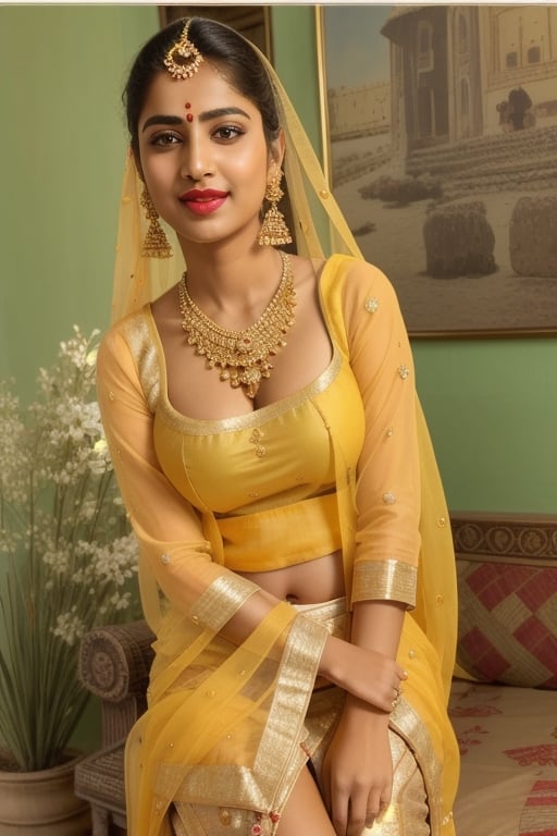 beautiful Indian 24 year girl , looking_at_camera, closeup  , on bar standing , red hair, cute face smile , tight boobs , full length pic one side pose, rajsthani traditional dress, realistic body skin, royal looking rajsthani princess , body skin texture, face glow, atrective face, toxic eyes, round face, boobs size 46, tight stomach, abs on stomach,tight boobs, half cleavage visible,clothes texture good , brown eyes, looking forward, eyes people front look, image background , beautiful rajsthani traditional village woman , wearing red golden rajasthani bra type blause, deep cut blause, yellow pink rajasthani lehnga, stomach visible, heavy jewellery, long hairs, cute smile, shiny eyes,prity eyebrow ,nice shape body,  crossed hand, full length body, sitting in image , 8k render, realistic portrait of an Indian girl with a muscular body, showcasing natural spots, taut skin, in a confident sitting pose, adorned in traditional Rajasthani princess attire, emphasizing realism and cultural authenticity, royal rajwadi background, palace in background, traditional Indian dress, realistic, smiley face, glow face, little bit fatty face, red dress colour, pink lipstick, bold lips, dress colour same like image, dressing like image, standing pose like image all specifications like image, rajwadi jwellery pandent, necklace, realistic.