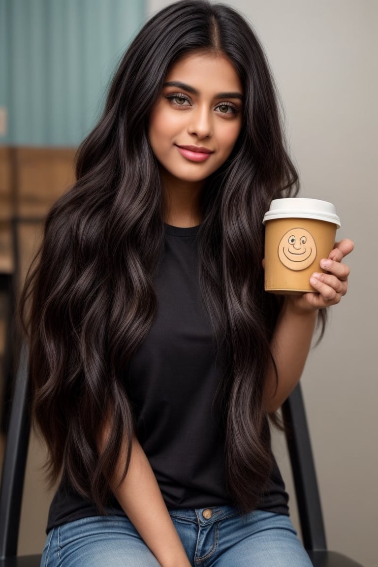 Lovely cute young attractive indian  girl, 25 years old, cute model,  black_hair, black  hair, They are wearing black top and jeans, and she is sitting in coffee shop, holding coffee mug, realistic smiley face,long face, dimple on cheek, body figure tight boobs size 20, bottom 21, fluppy cheeks, looking closely, realistic face, 