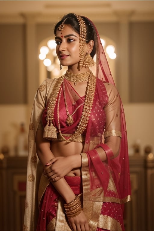 beautiful Indian 24 year girl , looking_at_camera, closeup  , on bar standing , red hair, cute face smile , tight boobs , full length pic one side pose, rajsthani traditional dress, realistic body skin, royal looking rajsthani princess , body skin texture, face glow, red dress,atrective face, toxic eyes, round face, clothes texture good , brown eyes, looking forward, eyes people front look, image background , beautiful rajsthani traditional village woman , wearing red golden rajasthani bra, yellow pink rajasthani lehnga, pots on head, stomach visible, heavy jewellery, long hairs, cute smile, shiny eyes, nice shape body,  crossed hand, full length body, sitting in image , 8k render, realistic portrait of an Indian girl with a muscular body, showcasing natural spots, taut skin, in a confident sitting pose, adorned in traditional Rajasthani princess attire, emphasizing realism and cultural authenticity, half cleavage visible, stomach abs, tight stomach,boobs size 34, tight boobs, rounded boobs, royal rajwadi background, palace background.