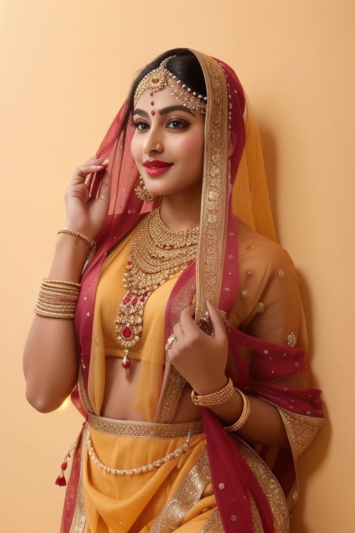 beautiful Indian 24 year girl , looking_at_camera, closeup  , on bar standing , red hair, cute face smile , tight boobs , full length pic one side pose, rajsthani traditional dress, realistic body skin, royal looking rajsthani princess , body skin texture, face glow, atrective face, toxic eyes, round face, boobs size 46, tight stomach, abs on stomach,tight boobs, half cleavage visible,clothes texture good , brown eyes, looking forward, eyes people front look, image background , beautiful rajsthani traditional village woman , wearing red golden rajasthani bra type blause, yellow pink rajasthani lehnga, stomach visible, heavy jewellery, long hairs, cute smile, shiny eyes,prity eyebrow ,nice shape body,  crossed hand, full length body, sitting in image , 8k render, realistic portrait of an Indian girl with a muscular body, showcasing natural spots, taut skin, in a confident sitting pose, adorned in traditional Rajasthani princess attire, emphasizing realism and cultural authenticity, royal rajwadi background, palace in background, traditional Indian dress, realistic, smiley face, glow face, little bit fatty face, red dress colour, pink lipstick, bold lips, dress colour same like image, dressing like image, standing pose like image all specifications like image, rajwadi jwellery pandent, necklace, realistic, dark sky blue dress.