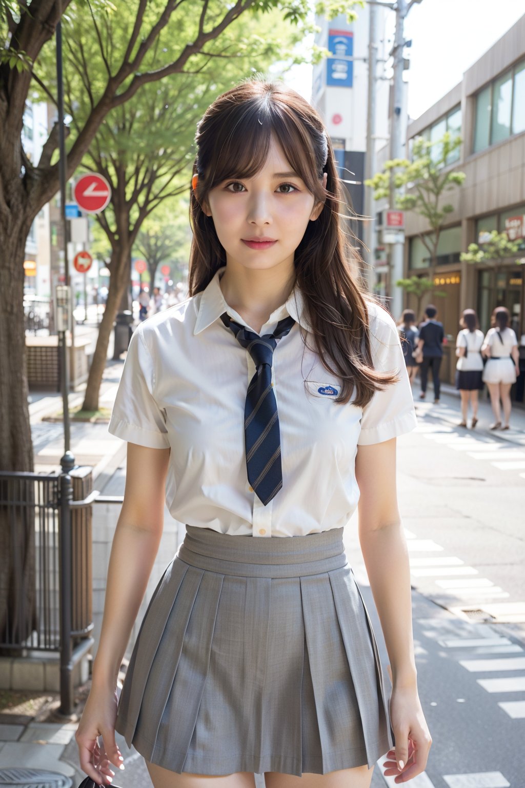 Analog, realism, photorealistic, woman, upper body, school_uniform, short skirt, (sexy1.2),  japan city streets , bokeh 