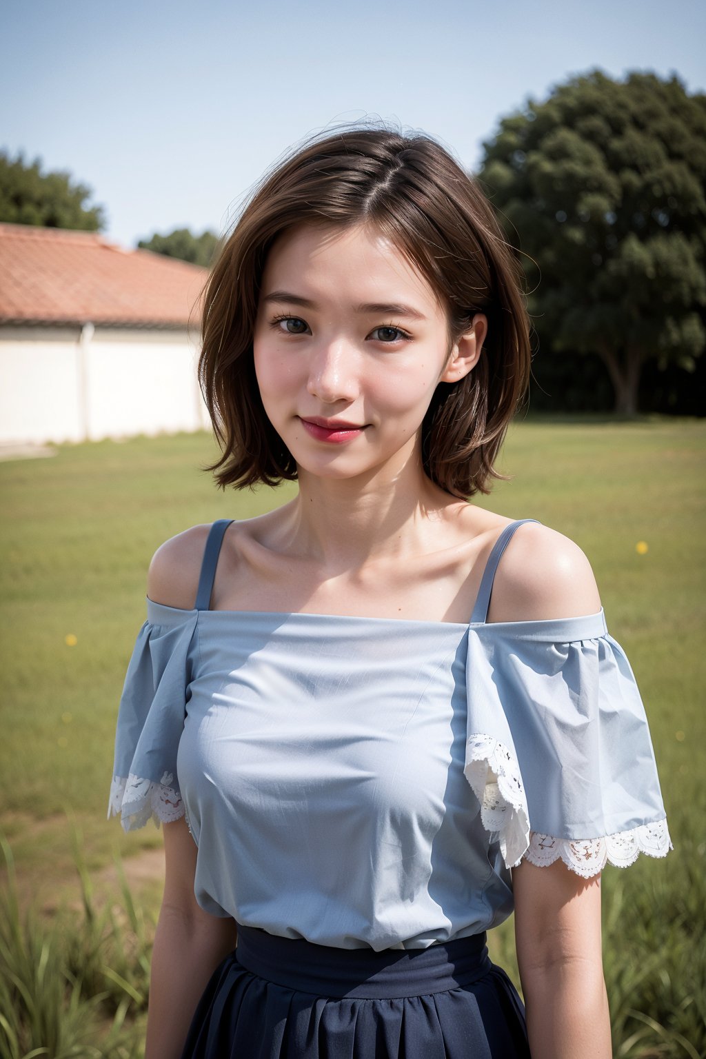 (realistic, bokeh, real photo), woman, short wavy hair, brown hair, off shoulder blue dress, skirt, upper body, lace, collarbone, outdoor, barn