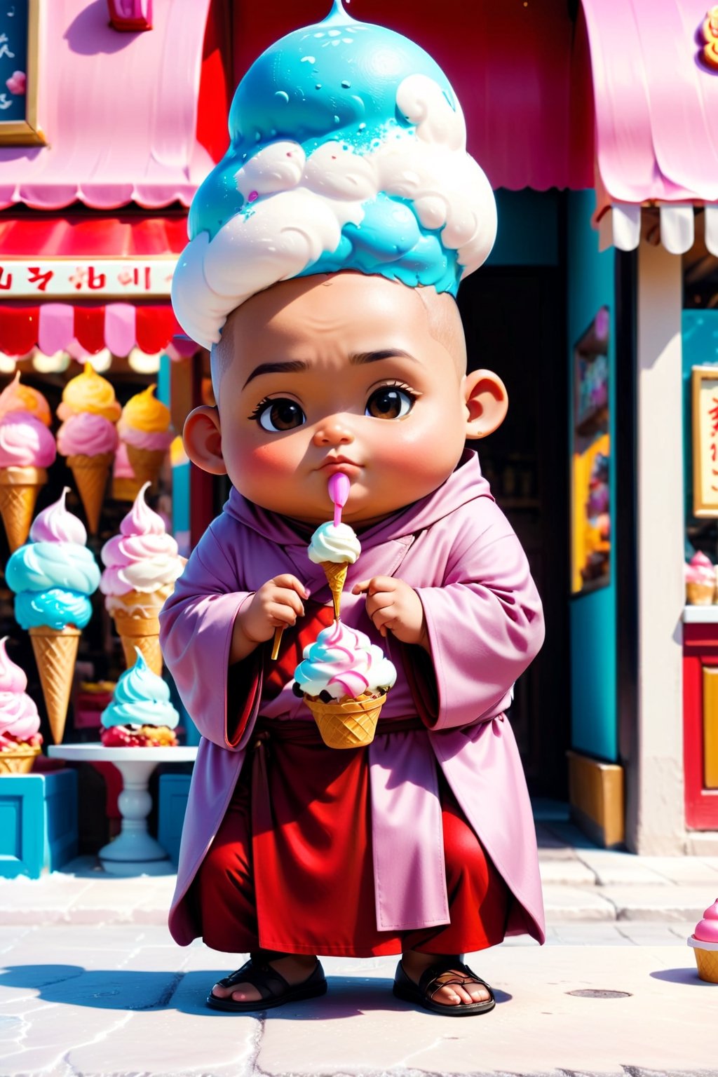 Really cute, fat little monk, stylish PINK cassock and shoes siting in front of the ice cream shop, anthropomorphic, funny pose, solid color, simple background, 4k, 8k, 16k, moves moonwalk, (surreal footage )
((whole body)),(viewed from a distance).,Chibi,chibi,more detail XL