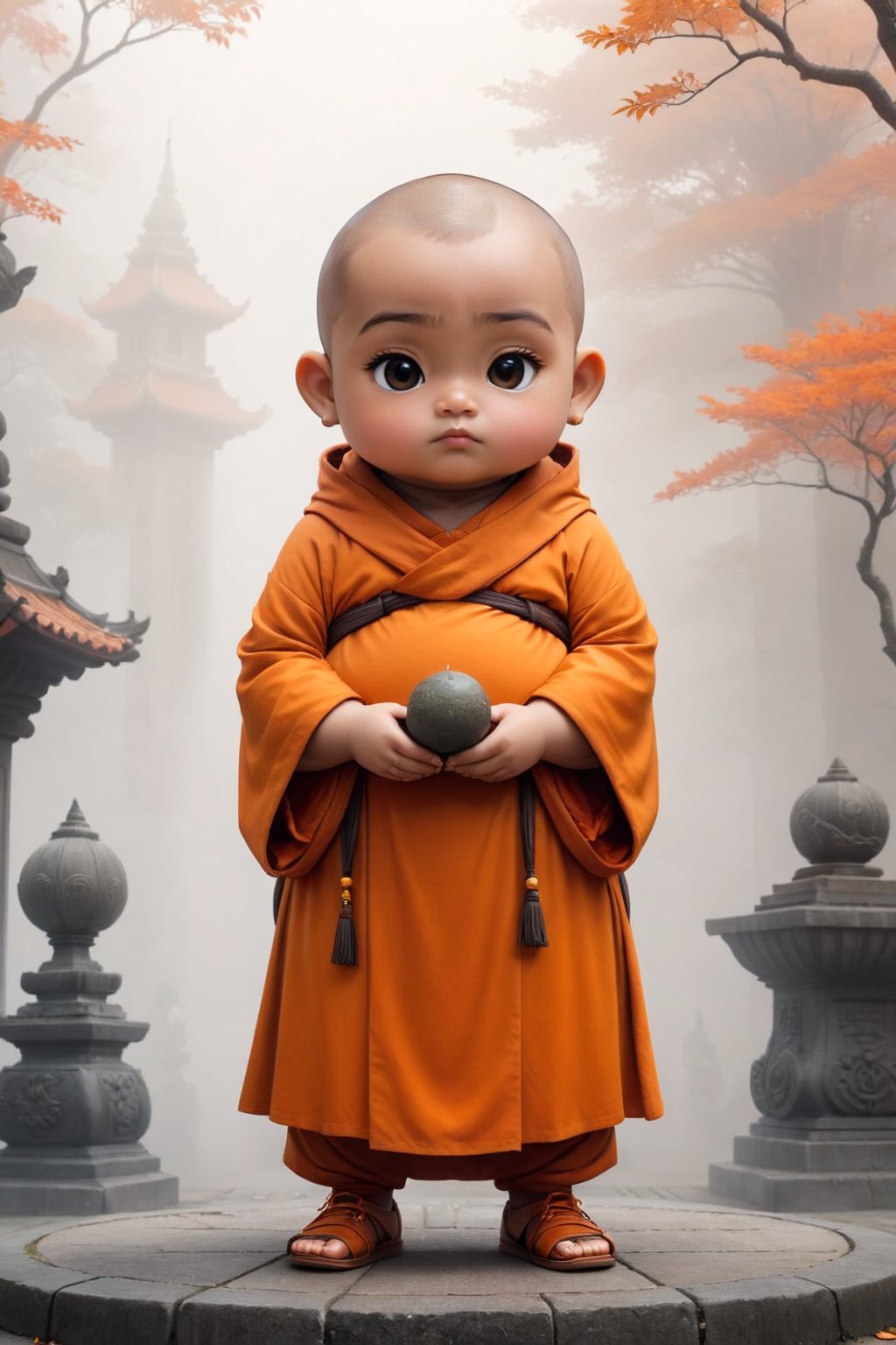 Really cute, fat little monk, stylish orange cassock and shoes siting in front of the foggy statue, anthropomorphic, conpemplating pose, solid color, simple background, 4k, 8k, 16k, moves moonwalk, (surreal footage )
((whole body)),(viewed from a distance).,Chibi,chibi,more detail XL