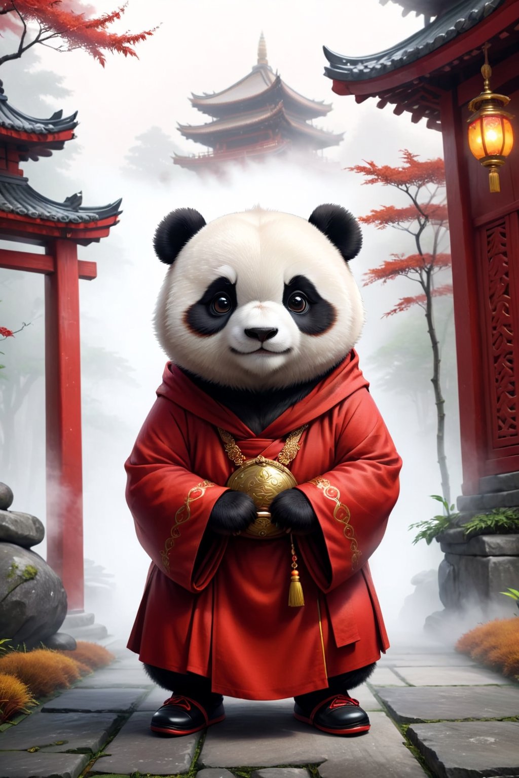 Really cute panda, fat little panda monk, stylish red cassock and shoes siting in front of the foggy tample, anthropomorphic, serious pose, solid color, simple background, 4k, 8k, 16k, moves moonstyle, (surreal footage )
((whole body)),(viewed from a distance).,Chibi,chibi,more detail XL