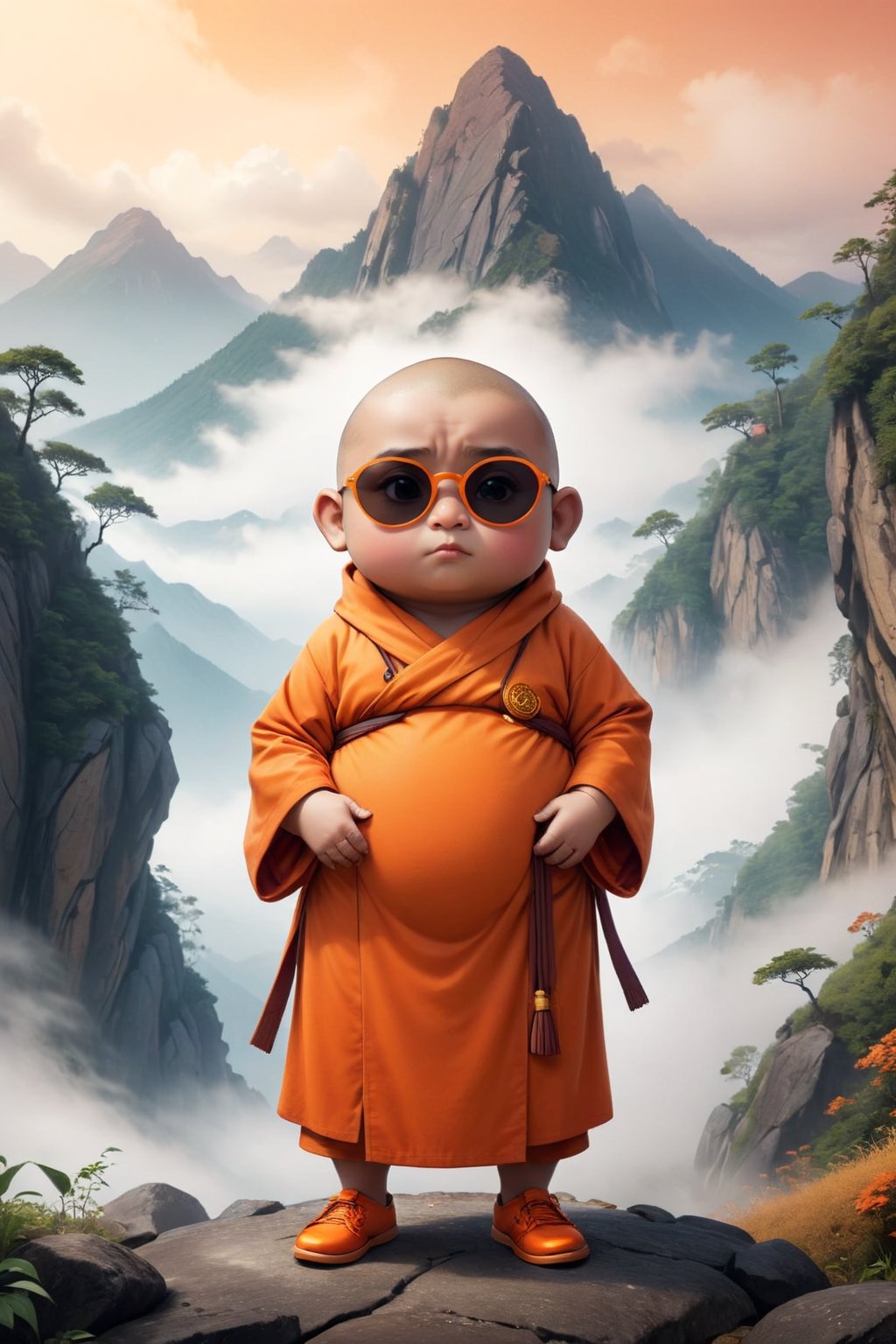 Really cute, fat little monk wearing sunglasses, stylish orange cassock and shoes standing in front of the foggy mountain, anthropomorphic, cute pose, solid color, simple background, 4k, 8k, 16k, dance moves moonwalk, (surreal footage )
((whole body)),(viewed from a distance).,Chibi,chibi,more detail XL