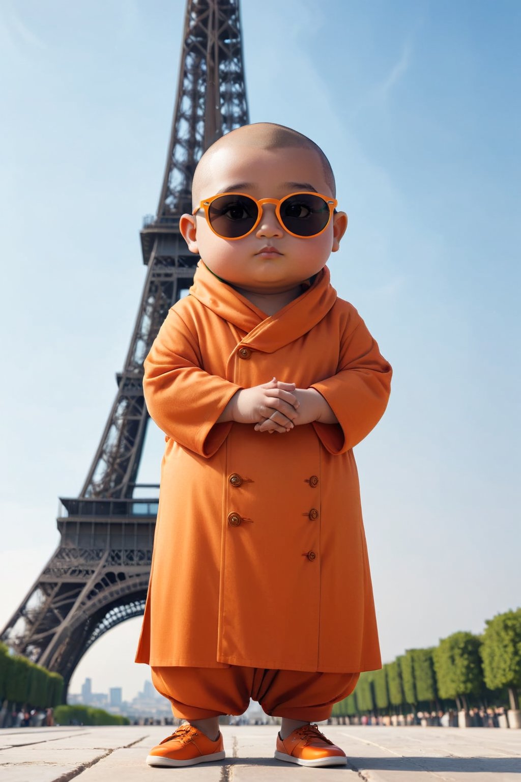 Really cute, fat little monk wearing sunglasses, stylish orange cassock and shoes standing in front of the Eiffel Tower, anthropomorphic, cute pose, solid color, simple background, 4k, 8k, 16k, dance moves moonwalk, (surreal footage )
((whole body)),(viewed from a distance).,Chibi,chibi,more detail XL