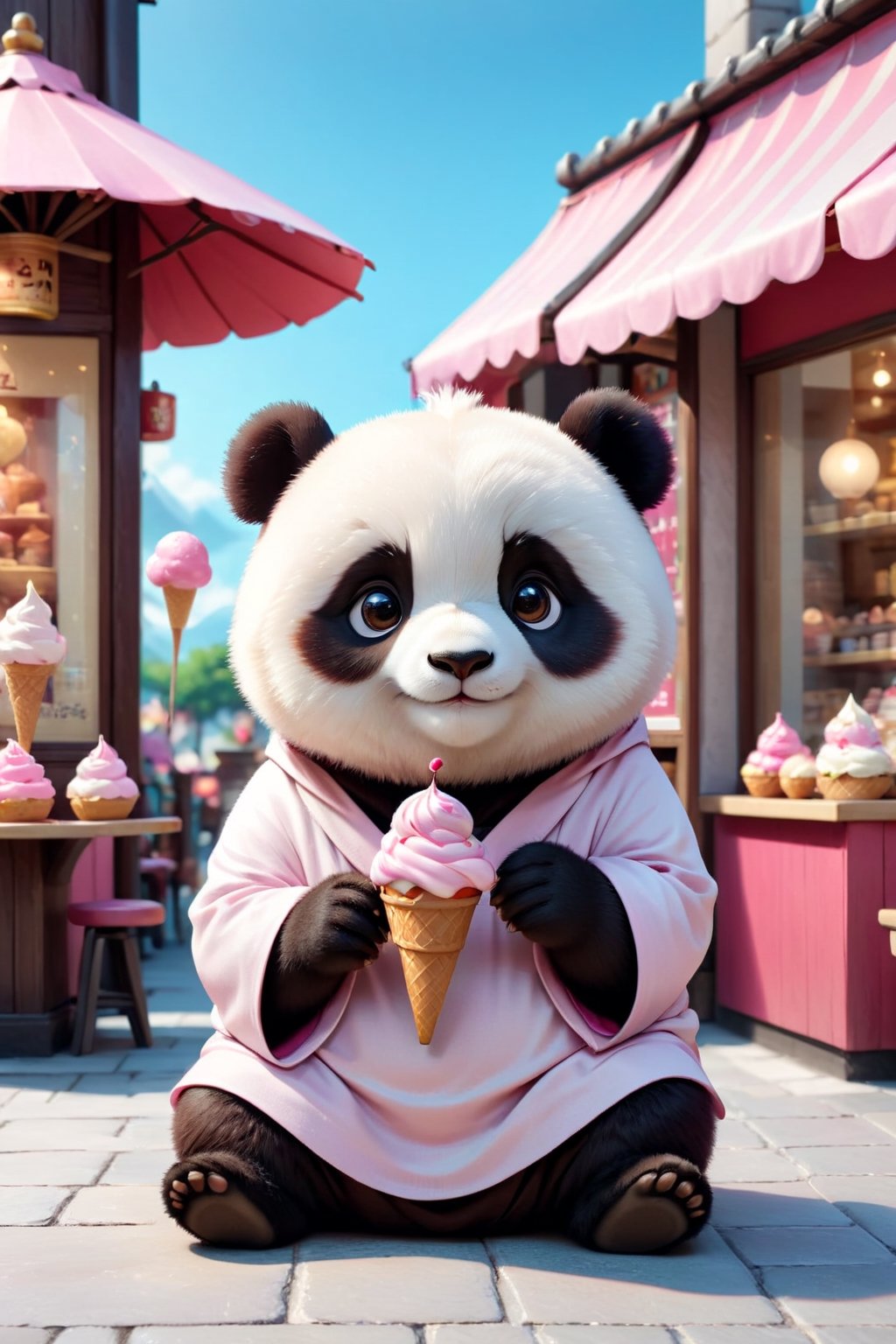 Really cute panda, fat little panda monk, stylish PINK cassock and shoes siting in front of the ice cream shop, anthropomorphic, funny pose, solid color, simple background, 4k, 8k, 16k, moves moonwalk, (surreal footage )
((whole body)),(viewed from a distance).,Chibi,chibi,more detail XL