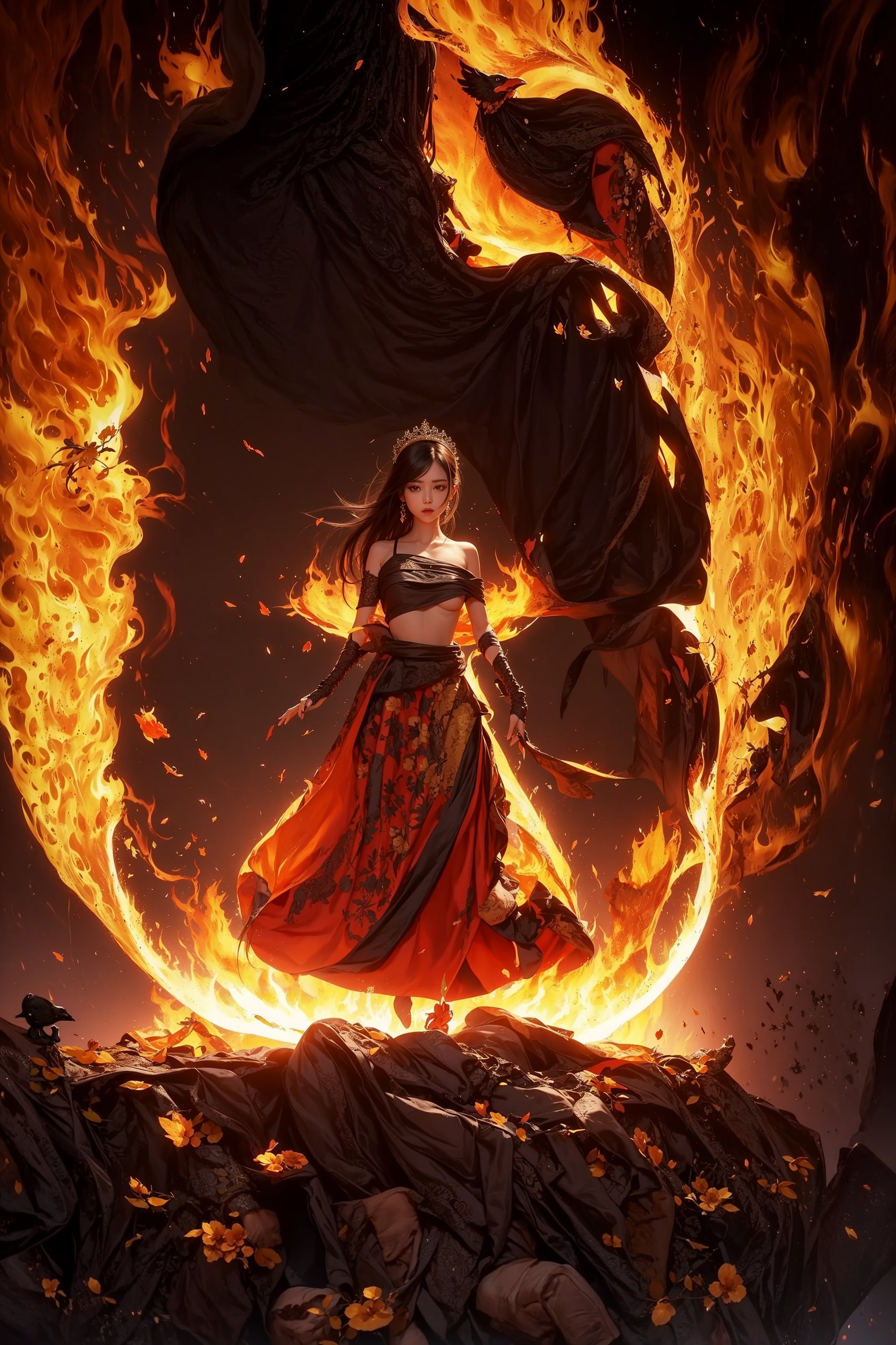 one girl, long skirt, fire, bird