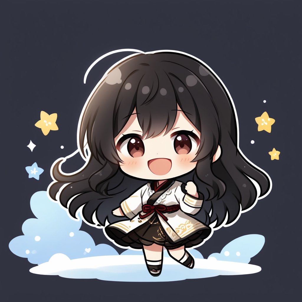 chibi sd, girl, black hair, longhair, happiness