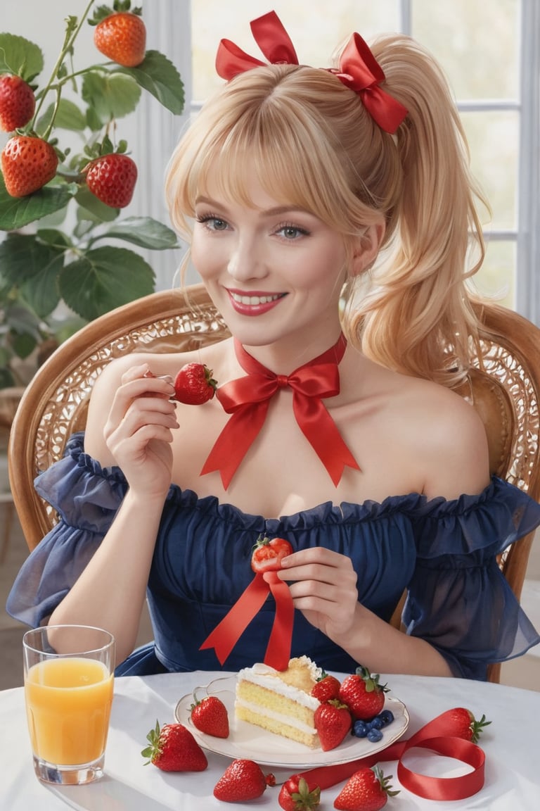 masterpiece, top quality, aesthetic, 1 woman, solo, long hair, looking at viewer, smiling, happy, open mouth, bangs, blue eyes, blonde hair, dress, long sleeves, off-shoulder dress, ribbon, holding, sitting, hair ribbon, , ponytail, :d, heart, frill, food, glass, straw, red ribbon, neck ribbon, fruit, chair, table, holding food, plate, orange juice, cake, strawberry, fork, holding fork,watercolor \(medium\)