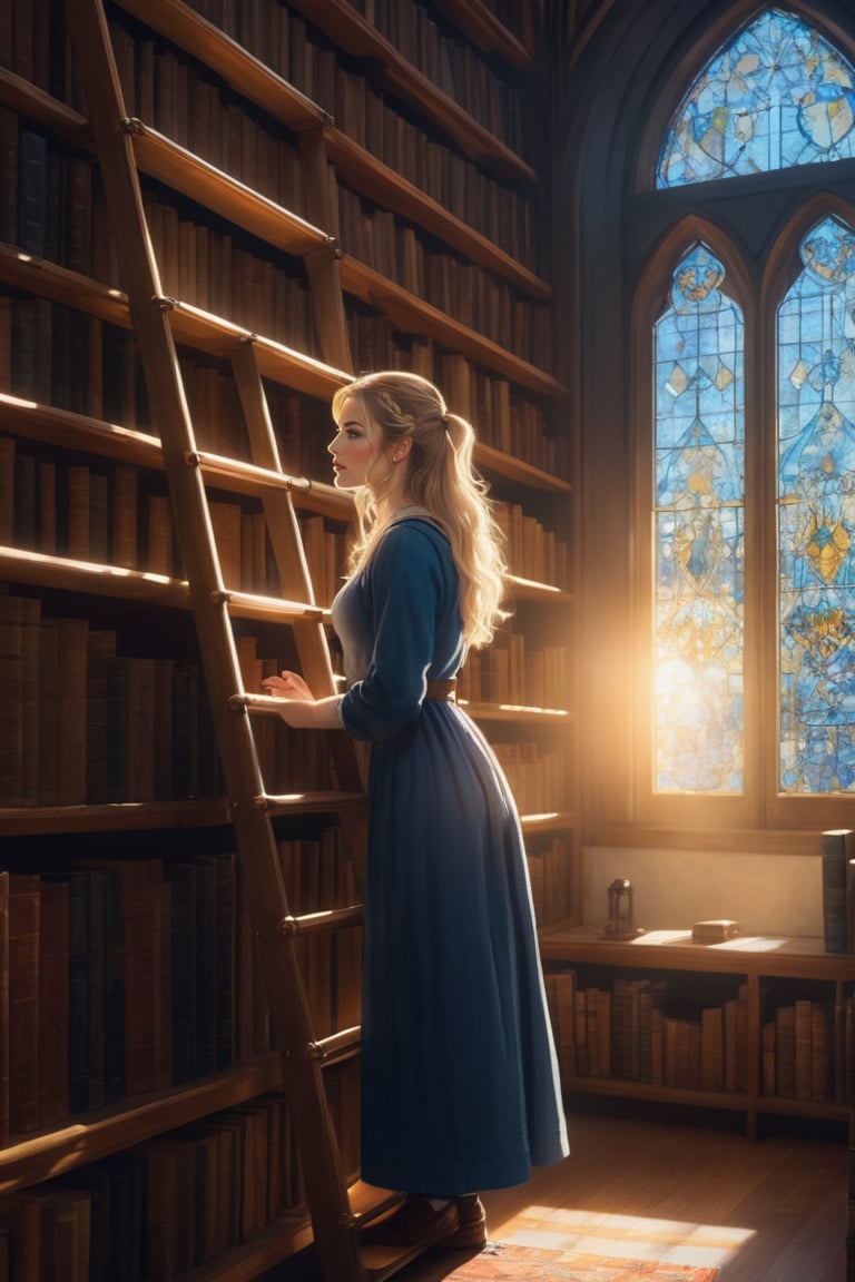 Sophie, a 17-year-old medieval girl with medium blonde hair and bright blue eyes, stands before a majestic library ladder, her curiosity piqued as she climbs to reach a top-shelf book. The evening sunlight casts a warm glow on her determined face, illuminated by the soft overhead lighting.

Her glasses perched delicately on the end of her nose, Sophie's hands grasp the rungs of the ladder, her sweater-clad arms stretching upwards as if reaching for new knowledge. Her medium-breasted figure is framed by the towering bookshelf, its vertical wooden slats disappearing into the shadows.

The room is a treasure trove of tomes, with books of varying sizes stacked haphazardly around Sophie. The leather-bound spines and worn paper pages seem to glow in the soft light, as if infused with an otherworldly aura. The kawaii, anime-inspired aesthetic is enhanced by Sophie's loose bun and innocent expression, exuding a sense of wonder and discovery.

This ultra-high-resolution masterpiece (8K) features an unparalleled level of detail, making it suitable for wallpaper or any discerning art collector seeking an extremely detailed, high-quality piece.