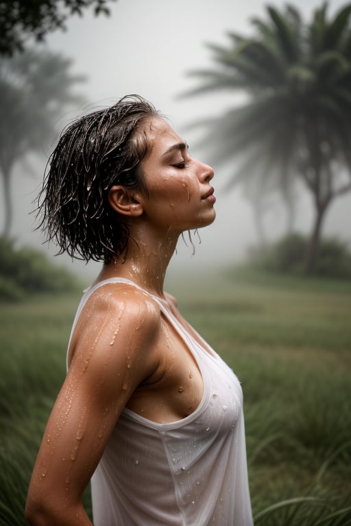 A young woman with a banana body type stands amidst lush green grass, her short blonde bob cut glistening wet from the misty rain. She wears a white tank top and panties, braless, showcasing her curves as the fabric clings to her skin. Her eyes closed, she's lost in the moment amidst the tropical surroundings.

The vibrant greens of the grass blend seamlessly with the woman's wet hair, creating a stunning visual contrast. The foggy mist swirls around her, adding depth and mystery to the scene. Raindrops glisten on her tank top, accentuating her small breasts and toned physique.

In this intimate HDR photo, vivid colors burst forth: the rich greens of the grass, the soft pinks of her skin, and the deep blues of the misty rain. Clear shadows and highlights pop against the lush backdrop, drawing attention to every detail. The woman's athletic build and streamlined silhouette are on full display, as if frozen in time amidst this serene, tropical atmosphere. (((Side view))), 