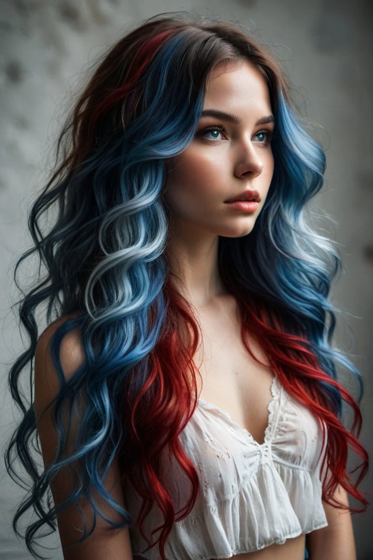 Girl with long wavy hair featuring a striking color palette that includes white, blue, and red tones. The hairstyle should flow naturally and give a sense of movement. Include intricate details that capture the texture and sheen of the hair strands.
