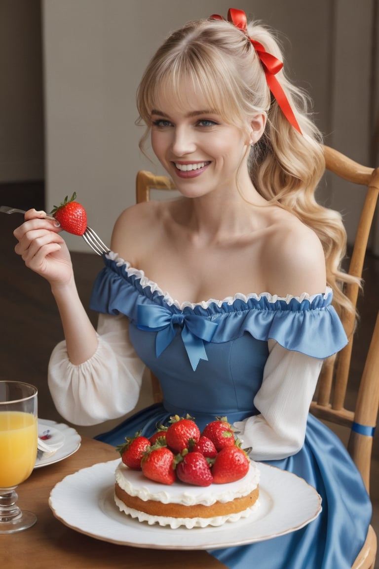 masterpiece, top quality, aesthetic, 1 woman, solo, long hair, looking at viewer, smiling, happy, open mouth, bangs, blue eyes, blonde hair, dress, long sleeves, off-shoulder dress, ribbon, holding, sitting, hair ribbon, , ponytail, :d, heart, frill, food, glass, straw, red ribbon, neck ribbon, fruit, chair, table, holding food, plate, orange juice, cake, strawberry, fork, holding fork,watercolor \(medium\)
