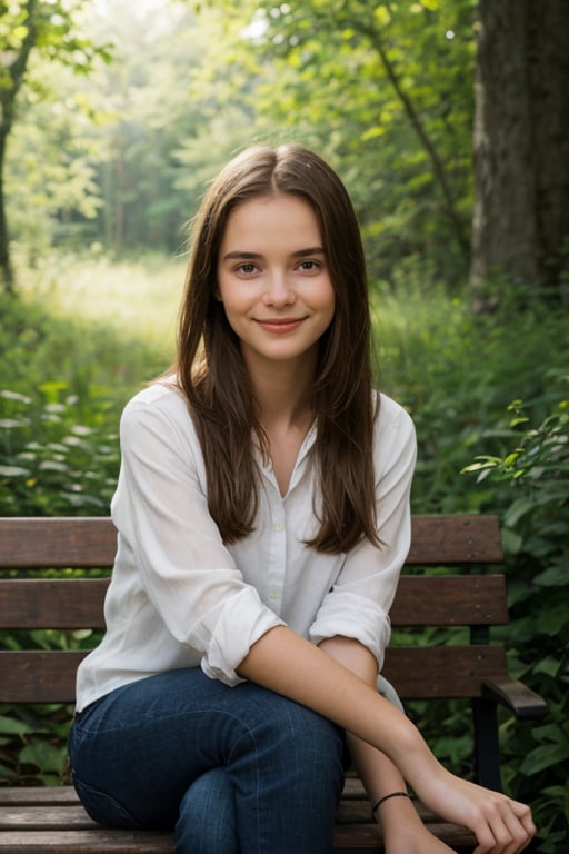 Warm sunlight frames the 13-year-old girl's face, highlighting her bright blue eyes that sparkle with curiosity. She sits on a worn wooden bench, her long brown hair loosely tied in a ponytail, as she gazes out at the lush greenery surrounding her. The gentle breeze rustles the leaves, and her subtle smile hints at a secret only nature knows, as she sits amidst the serene forest atmosphere.