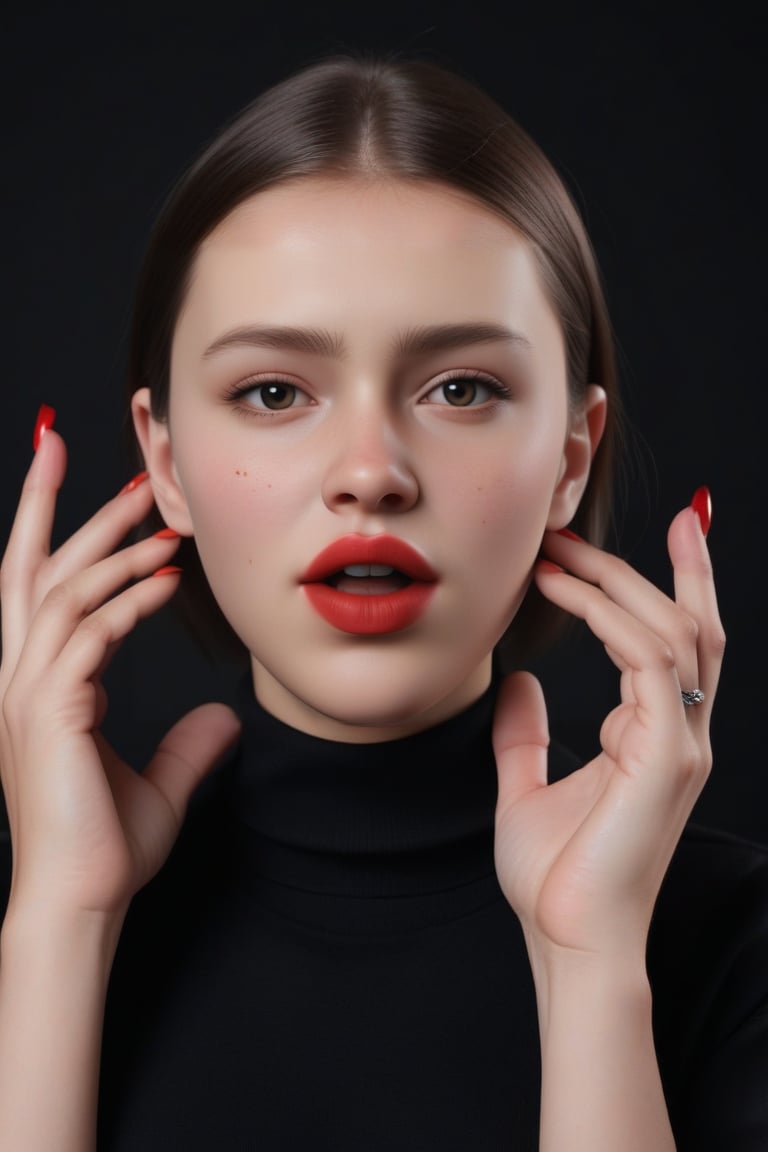 Russian, fashionable, lightweight, cute expression with hands grabbing face and sticking out tongue, pure black background,red lips 



