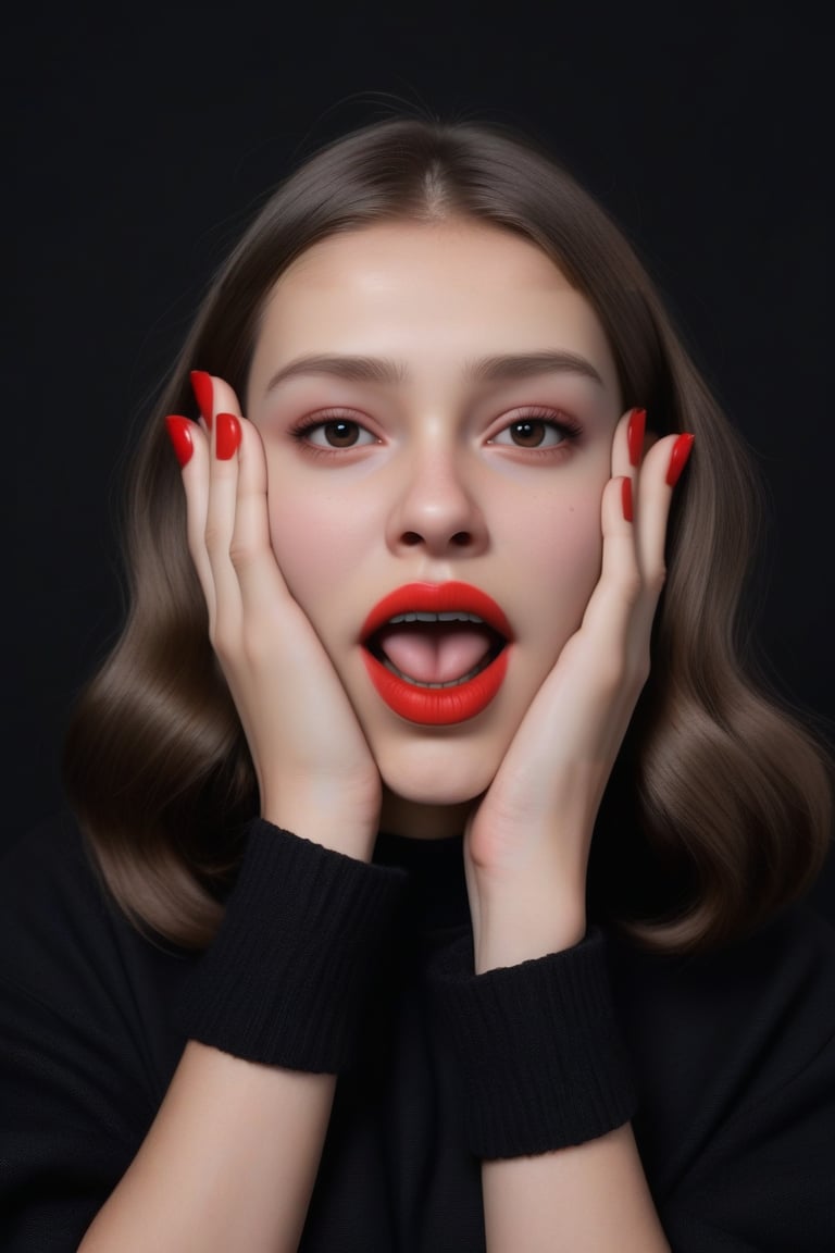 Russian, fashionable, lightweight, cute expression with hands grabbing face and sticking out tongue, pure black background,red lips 



