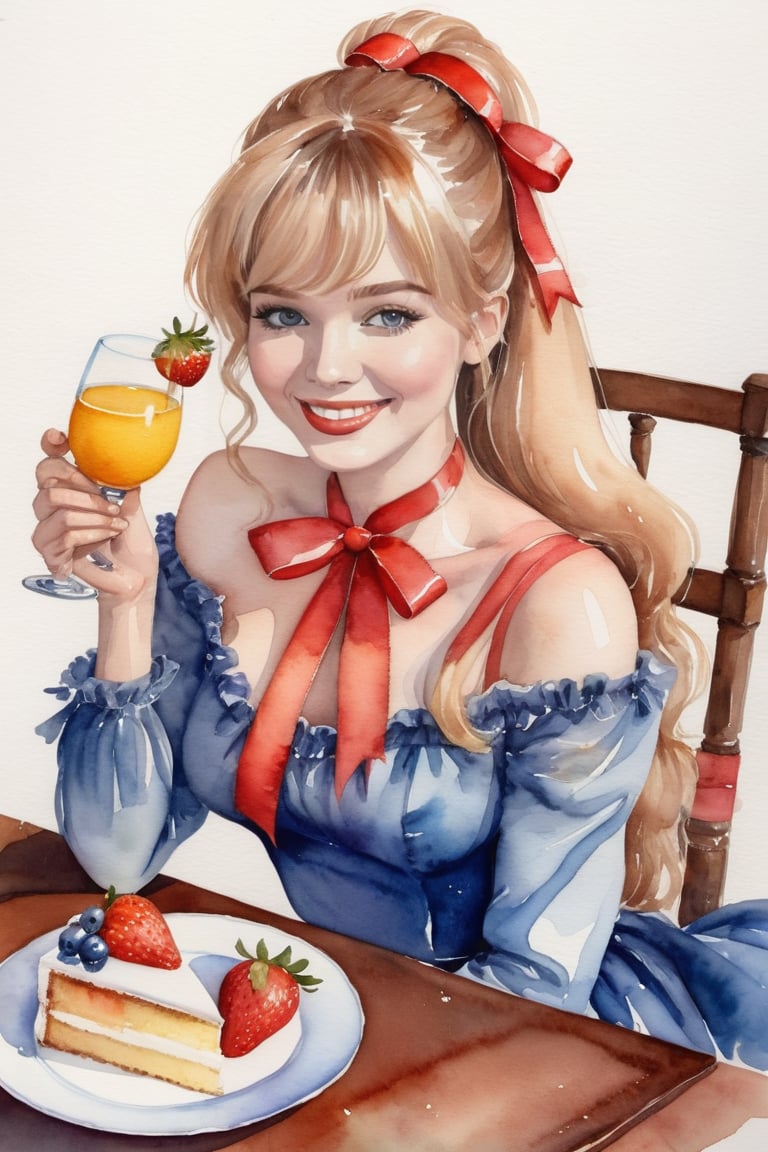 masterpiece, top quality, aesthetic, (watercolor style: 1.7), 1 woman, solo, long hair, looking at viewer, smiling, happy, open mouth, bangs, blue eyes, blonde hair, dress, long sleeves, off-shoulder dress, ribbon, holding, sitting, hair ribbon, , ponytail, :d, heart, frill, food, glass, straw, red ribbon, neck ribbon, fruit, chair, table, holding food, plate, orange juice, cake, strawberry, fork, holding fork,watercolor \(medium\)