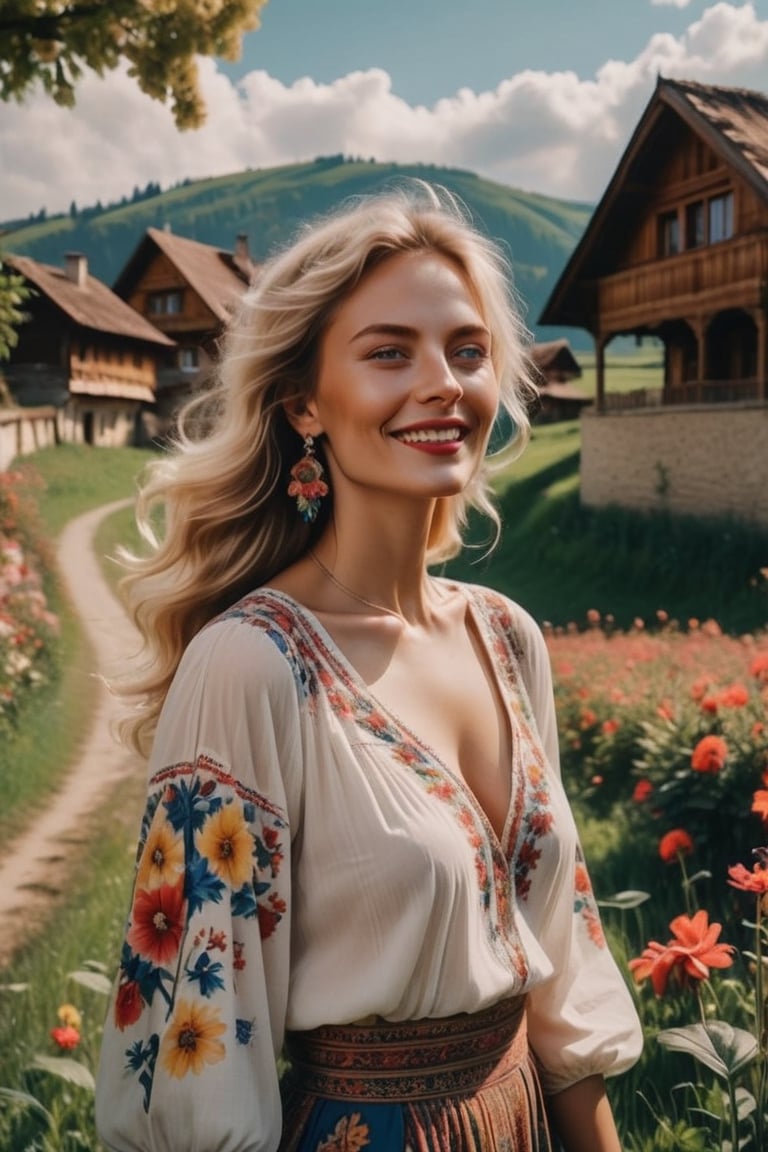 Generate a cinematic GoPro perspective (close up)capturing the enigmatic Russian supermodel as she visits an old Romanian village from the 1920s, nestled in the picturesque Maramureș area ,(vivid flowers and flowering trees next to wooden fences specific to the area), her striking blonde locks, piercing blue eyes, and a chic ponytail, she explores the village adorned in a traditional Romanian blouse, immersing herself in the cultural richness of the region. Against the backdrop of lush green grass, vibrant flowers, and charming old houses, she exudes an air of timeless elegance and grace. The GoPro photograph freezes her in a moment of enchantment, capturing the mesmerizing allure of the supermodel amidst the rustic beauty of the village's landscape. This close-up shot emphasizes her captivating smile and the interplay of natural lights, highlighting her beauty and the historical charm of the setting