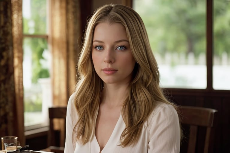 Rachel Nichols as "Lola" in a scene from the movie "P2", where she is sitting at a Christmas dinner table, wearing the simple white dress from the movie. Her light hair is loose, and the scene lighting is soft, with warm and pleasant tones. Her blue eyes shine with an expression of discomfort and fear, enhanced by a neutral eyeshadow and a stroke of black eyeliner on the upper eyelid. Her lips are lightly painted with a light pink lipstick. The image should be realistic, with a focus on the details of the scene from the movie and the atmosphere of tension. The image resolution is extremely high, capturing every detail of her look and the atmosphere of the movie. 