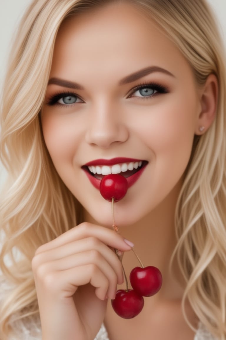 Portrait of a beautiful blonde woman with accentuated red lips, delicately holding a ripe cherry in teeth, on a white background. Hyper-realistic digital photography style, sharp emphasis on facial features and cherries. Soft, even lighting, emphasizing the texture of the skin and the glossy surface of the cherry. Subtle highlights in the eyes to add depth. High-resolution detailing of skin pores, lip texture and cherry fruit. A slight depth of field effect to separate the subject from the background. Color correction to emphasize the contrast between the red lips, cherry and white background. The aesthetics of a professional studio shoot with impeccable composition, captured on Kodak Portra 800,, zaya,raw_photo