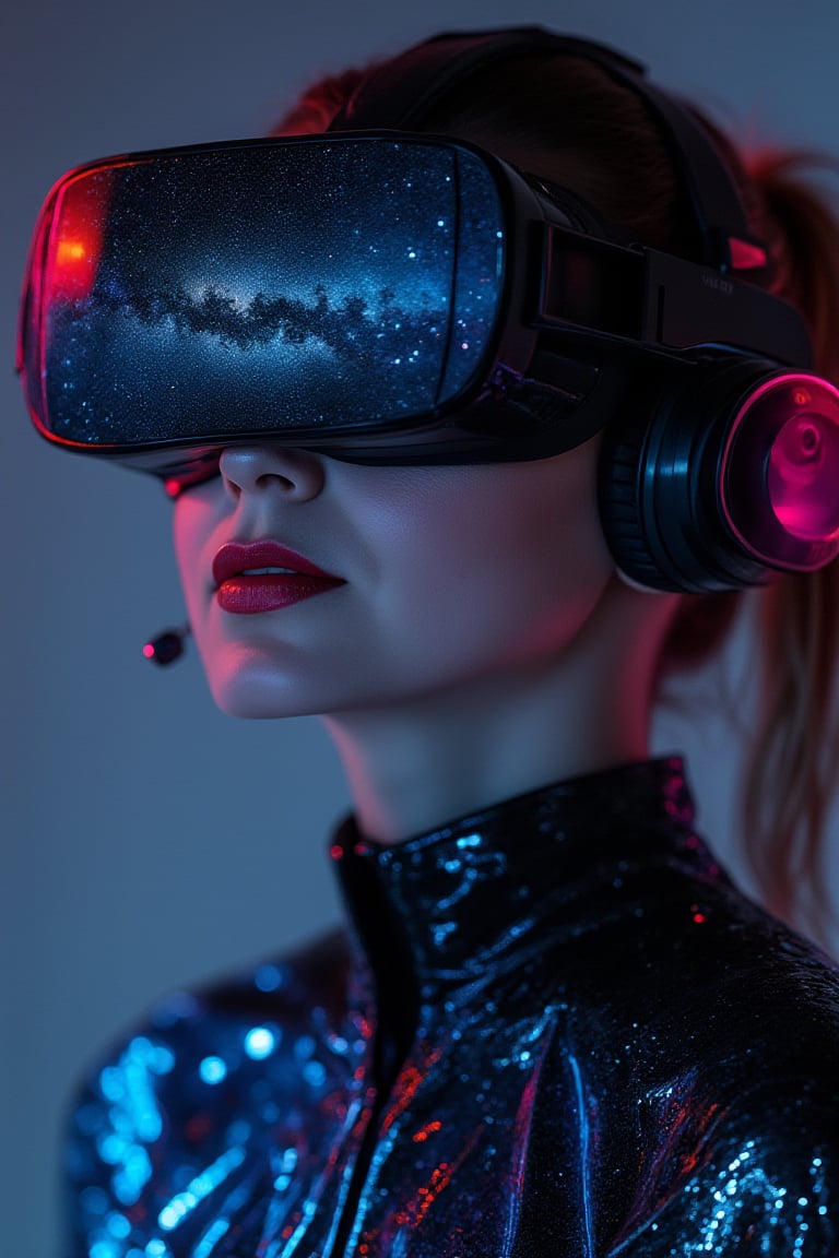 zaya, A woman, wearing clothes made of laser film, wearing a headset, VR glasses, with the Milky Way reflected in her eyes, high-definition quality, surrealism, microcomputer, hacker dress, cyber style, reality, noc-futuristic