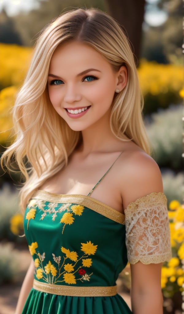 1girl, upper body, Beautiful young woman, blonde, smiling, clear facial features, (dressed in a beautiful Ukrainian national dress with embroidered ornaments green, yellow), sunny day, botanical garden, realistic