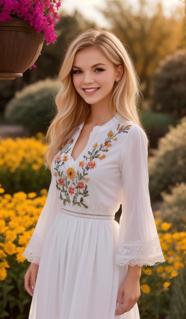1girl, upper body, Beautiful young woman, blonde, smiling, clear facial features, (dressed in a beautiful Ukrainian national dress with embroidered ornament white), sunny day, botanical garden, realistic