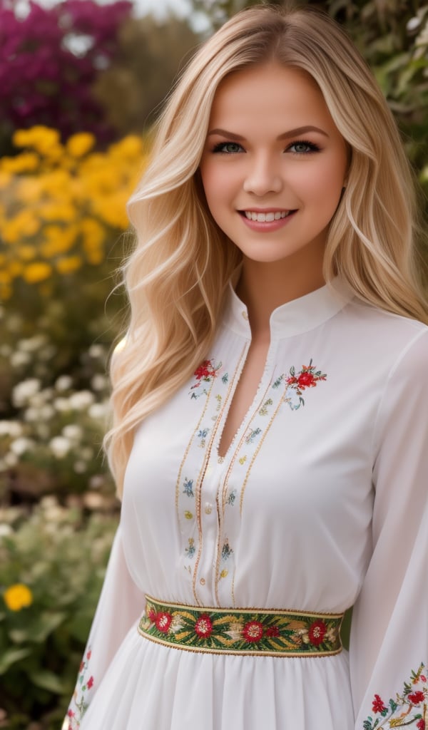 1girl, upper body, Beautiful young woman, blonde, smiling, clear facial features, (dressed in a beautiful Ukrainian national dress with embroidered ornament white), sunny day, botanical garden, realistic