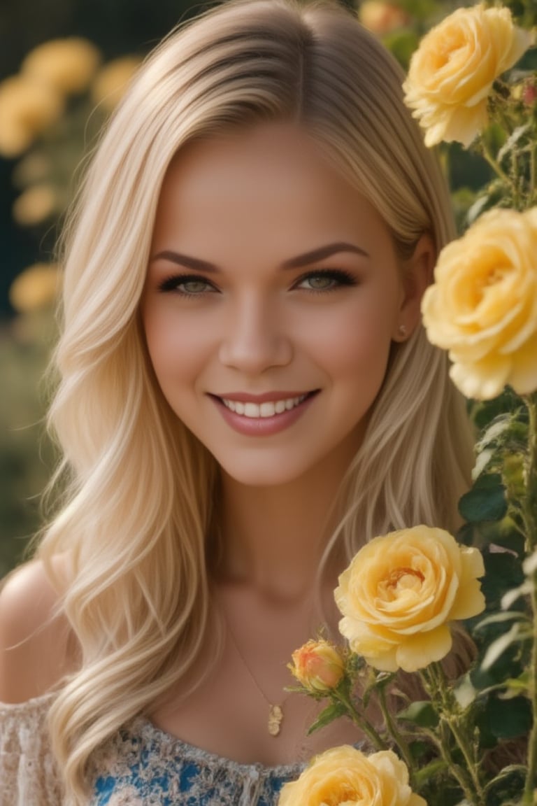 Half side portrait of a beautiful blonde woman smiling surrounded by lush blooming blue-yellow roses. The soft natural light accentuates the contrast between the hair color and the delicate rose petals. The scene has a dreamy, ethereal quality due to the shallow depth of field.The woman's face is visible, shooting with a serene expression as he is immersed in the fragrant rose garden. The image captures the interplay of the textures of silky strands of hair and velvety rose petals. The rich, saturated colors create a striking visual effect, highlighting vibrant blue and yellow hues against a softer background, captured on Kodak Portra 800,, raw_photo, zaya