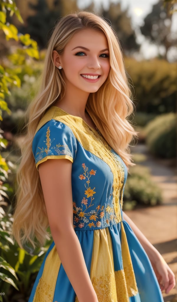 1girl, upper body, Beautiful young woman, blonde, smiling, clear facial features, (dressed in a beautiful Ukrainian national blue-yellow dress with embroidered ornaments), sunny day, botanical garden, realistic