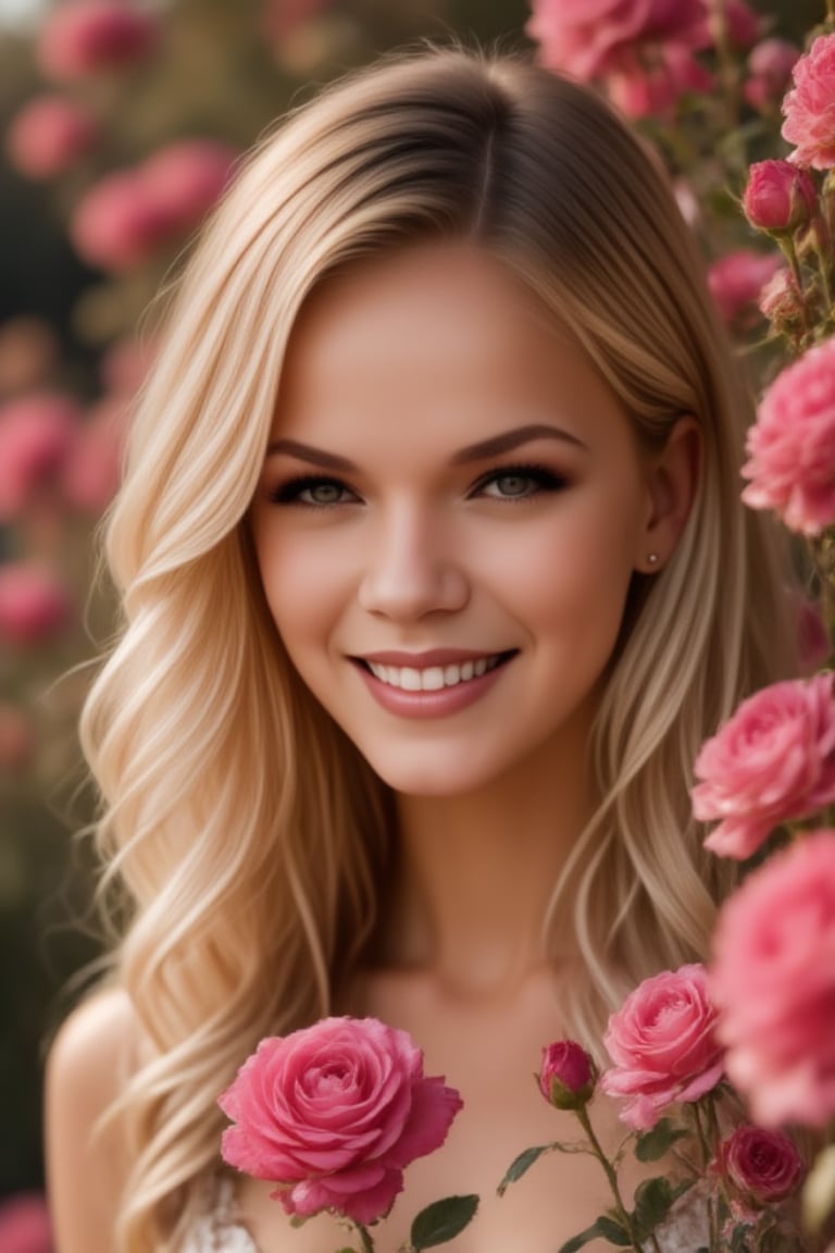 Portrait of a beautiful blonde woman smiling surrounded by lush pink blooming roses. The soft natural light accentuates the contrast between the hair color and the delicate rose petals. The scene has a dreamy, ethereal quality due to the shallow depth of field.The woman's face is visible, shooting with a serene expression as he is immersed in the fragrant rose garden. The image captures the interplay of the textures of silky strands of hair and velvety rose petals. The rich, saturated colors create a striking visual effect, highlighting the vibrant red and pink hues against a softer background, captured on Kodak Portra 800,, zaya, ,raw_photo