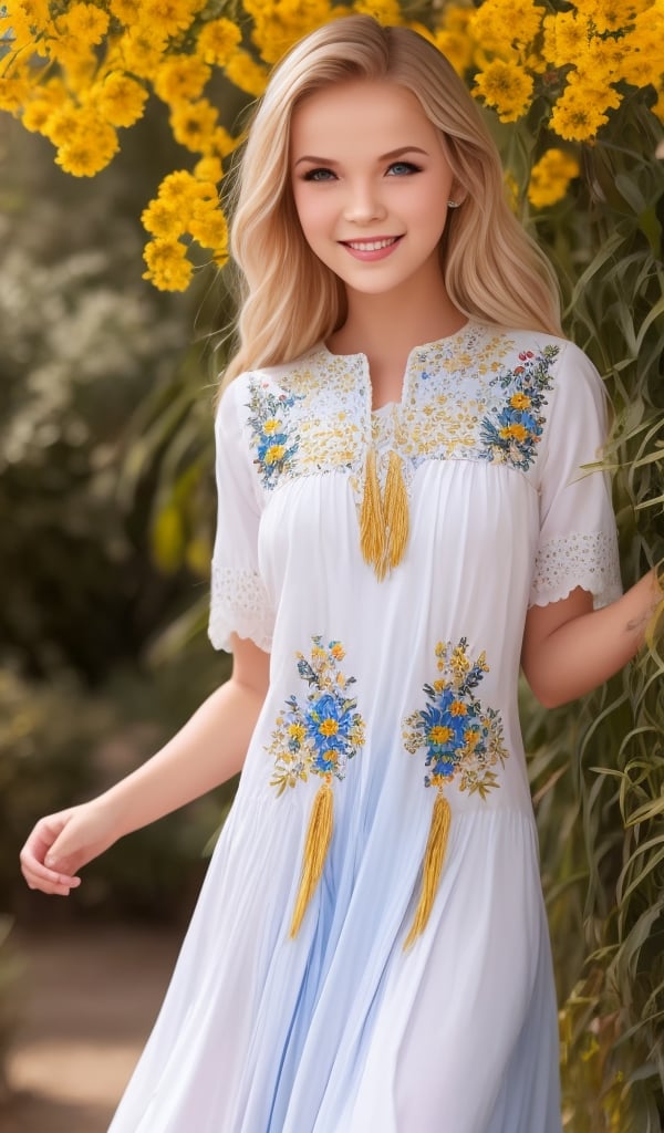 1girl, upper body, beautiful young woman, blonde, smiling, (in beautiful Ukrainian national costume embroidery ornament white, blue, yellow), sunny day, botanical garden, realistic