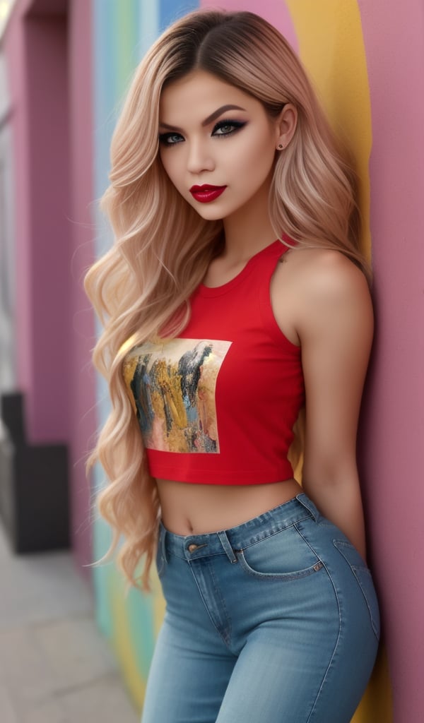 1girl, upper body, Inspiring gyaru fashion trend with a dynamic portrait of a modern , young woman with colored hair, wearing a colored T-shirt, red jeans, her eyes outlined with bold strokes of makeup, against the background of a colored wall, a digital masterpiece influenced by stylistic pop culture and contemporary street fashion, lushly drawn details are carefully captured, the concept is wrapped in exquisite artistic touches of a big hit industry