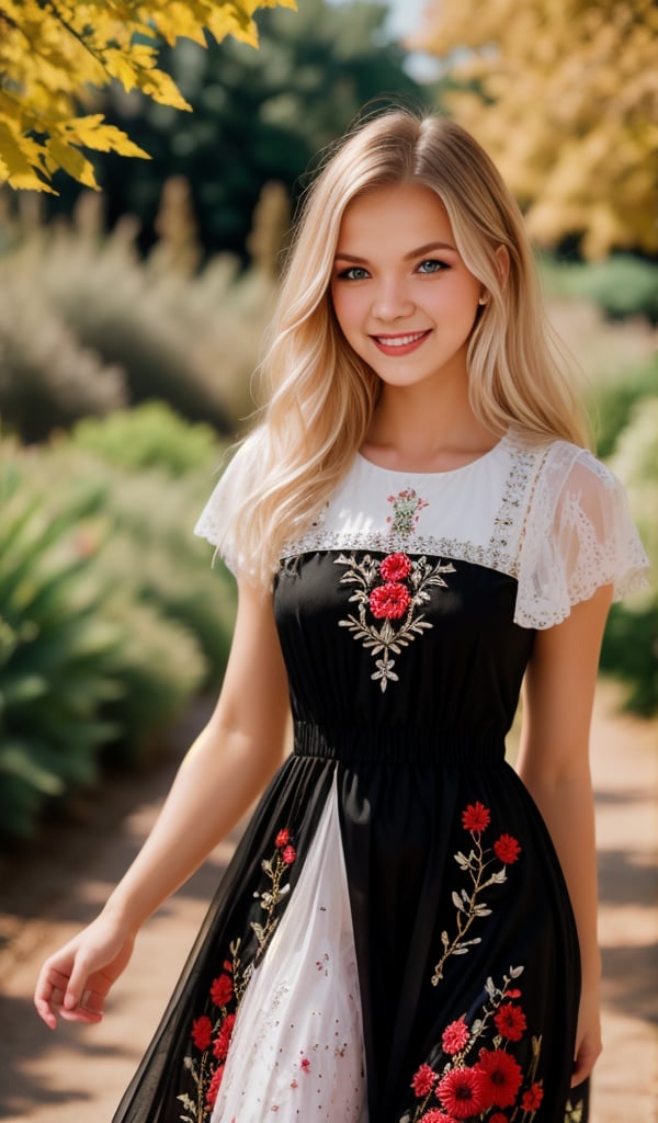 Beautiful young woman, blonde, smiling, clear facial features, (dressed in a beautiful Ukrainian national long dress with embroidered ornaments black, red, white), sunny day, botanical garden, shot on Cinestill 800T --style raw