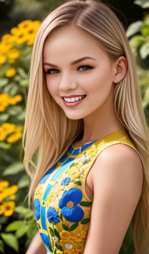A young blonde woman, radiant with beauty, sports a bright smile and sharp facial features amidst lush greenery in a botanical garden on a sunny day. She wears a breathtaking traditional Ukrainian national long dress with intricate yellow and blue embroidery, standing amidst a kaleidoscope of colors as vibrant flowers surround her. The warm sunlight casts gentle shadows on the delicate petals and emphasizes the subject's captivating gaze, shining like the blooms around her.