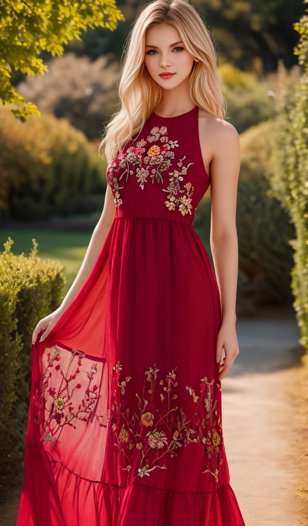 Beautiful young woman, blonde, clear facial features, (wearing a beautiful red long dress with an ornament of colorful embroidery), model body pose, sunny day, botanical garden, realistic