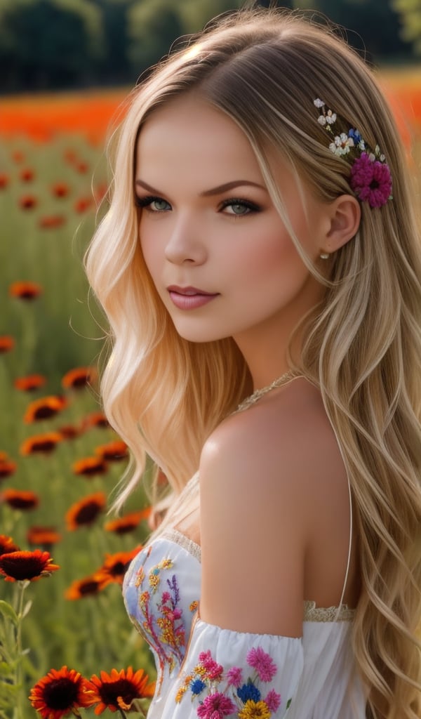 Beautiful young woman, blonde, in a dress with ornament of multicolored embroidery, on her head a wreath of flowers, shot in honor of traditional Ukrainian culture by Alexander Vasyukov outdoors in a field of wildflowers in bright natural sunlight, high detail, sharp focus, ultra-high resolution details, high quality photo, photorealistic