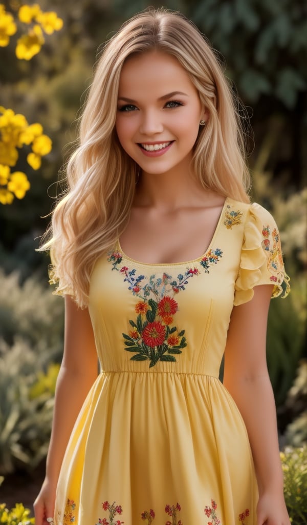 1girl, upper body, Beautiful young woman, blonde, smiling, clear facial features, (dressed in a beautiful Ukrainian national yellow dress with embroidered ornaments), sunny day, botanical garden, realistic