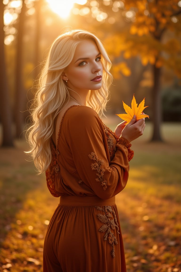 ffull body from the knees, beautiful blonde woman, in beautiful fall clothes and with autumn leaves in her hands, golden autumn, captured on Cinestill 800T --style raw, zaya