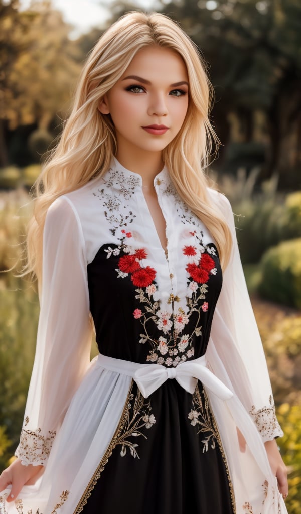 1 girl, Beautiful young woman, blonde, clear facial features, (dressed in a beautiful Ukrainian national long dress with embroidered ornaments in black, red, white), sunny day, botanical garden, realistic