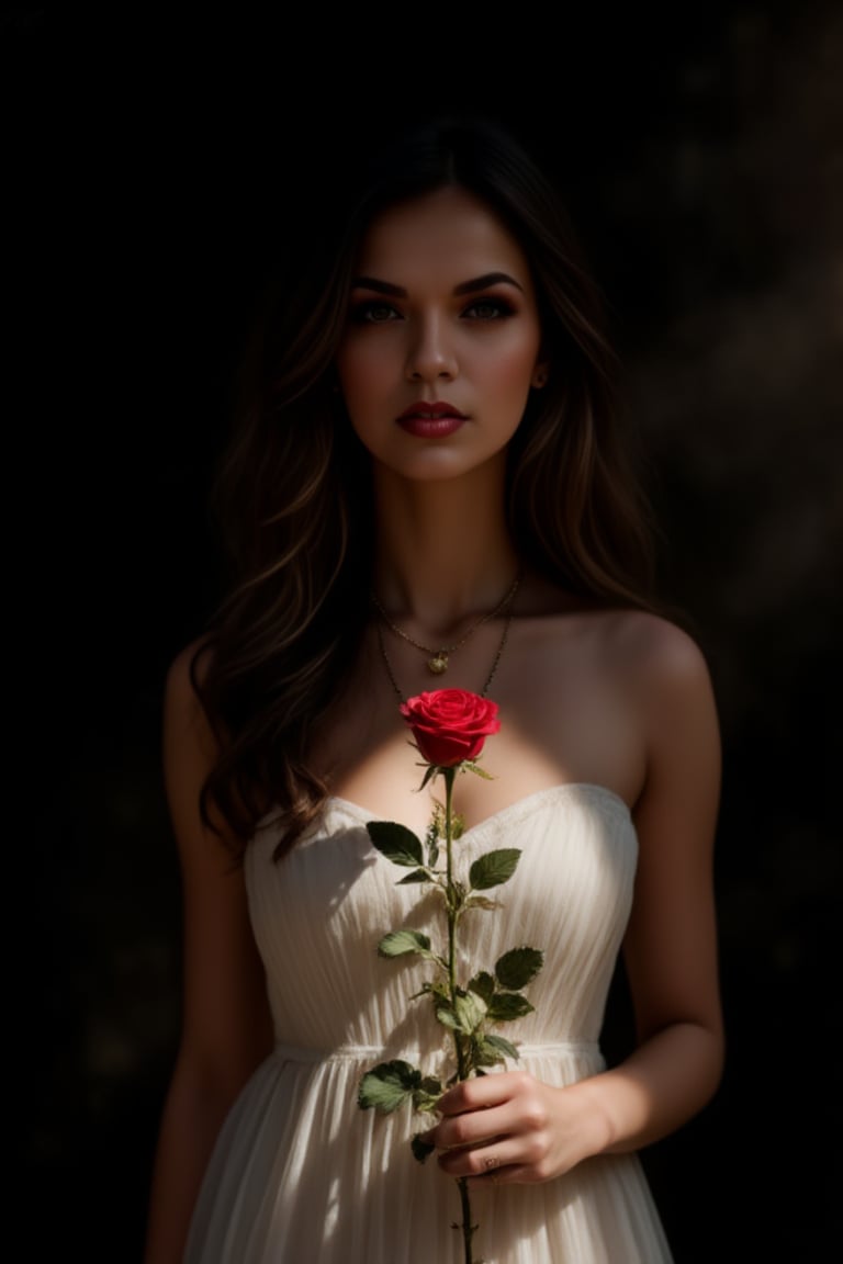 A mysterious female figure in a beautiful white strapless dress holding a lone red rose is bathed in dramatic chiaroscuro lighting. The scene is shot using high-end digital photography techniques that emphasize sharp contrasts between light and shadow. A deep, inky color dominates the background, while a powerful spotlight illuminates the subject's face and bright rose petals. The facial features are partially hidden, creating an atmosphere of intrigue. Clear details emphasize the texture of the stem and rosebud and the subject's skin. The composition evokes a sense of aesthetics. Ultra-high resolution, 8K quality, hyper-realistic details, captured on Kodak Portra 800,, zaya,raw_photo