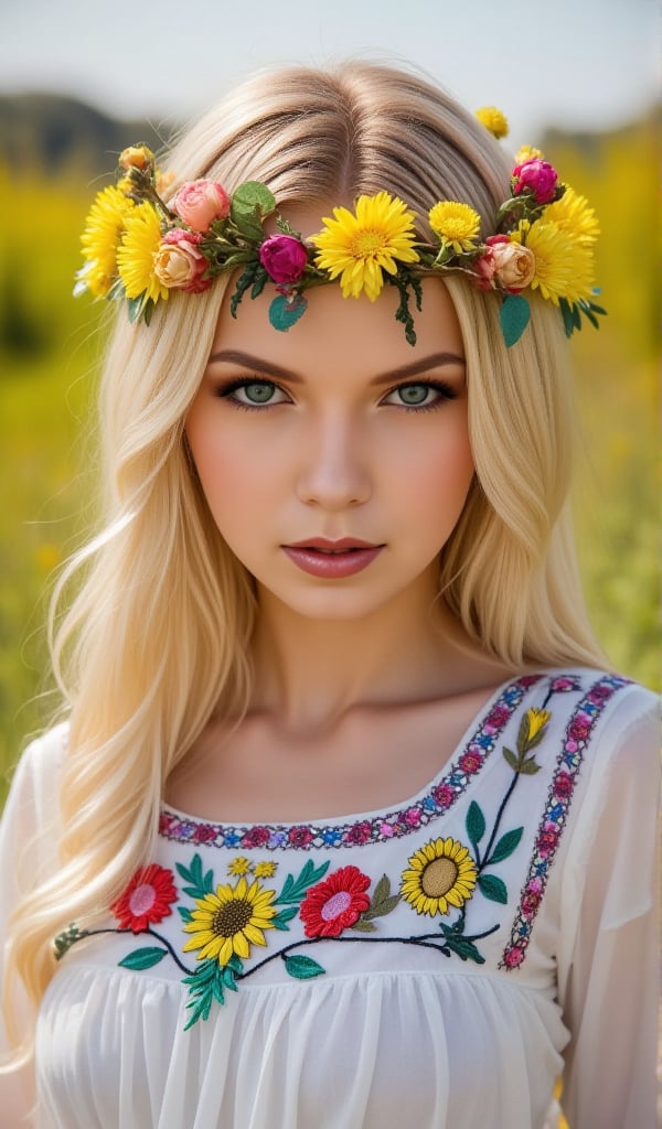 Beautiful young woman, blonde, in a dress with ornament of multicolored embroidery, on her head a wreath of flowers, shot in honor of traditional Ukrainian culture by Alexander Vasyukov outdoors in a field of wildflowers in bright natural sunlight, high detail, sharp focus, ultra-high resolution details, high quality photo, photorealistic