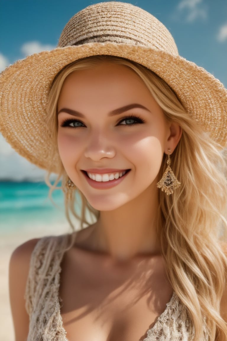 Photorealistic digital portrait of a charismatic person on a sun-drenched beach, hyper-detailed facial features, radiant smile with perfect teeth, eyes twinkling with joy, golden sun-kissed skin, wearing a stylish wide-brimmed straw hat, dangling bohemian earrings catching the light, backdrop of crystal-clear turquoise ocean meeting vibrant blue sky with wispy clouds, soft sand visible in foreground, lens flare, warm color grading, ultra high resolution, 8k, extreme detail, cinematic lighting, zaya