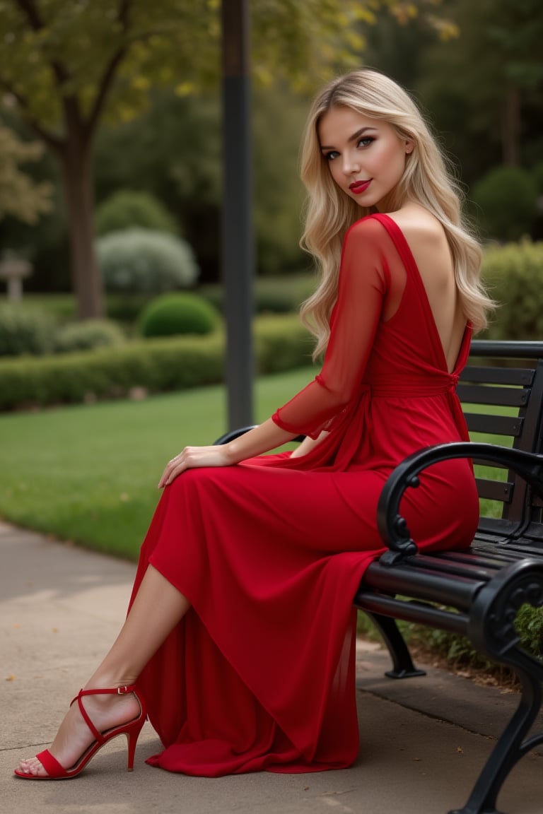 young woman sitting on the left on a black metal bench, park, long blonde hair, elegant red dress, red high-heeled sandals, Midjourney_Whisper,zaya