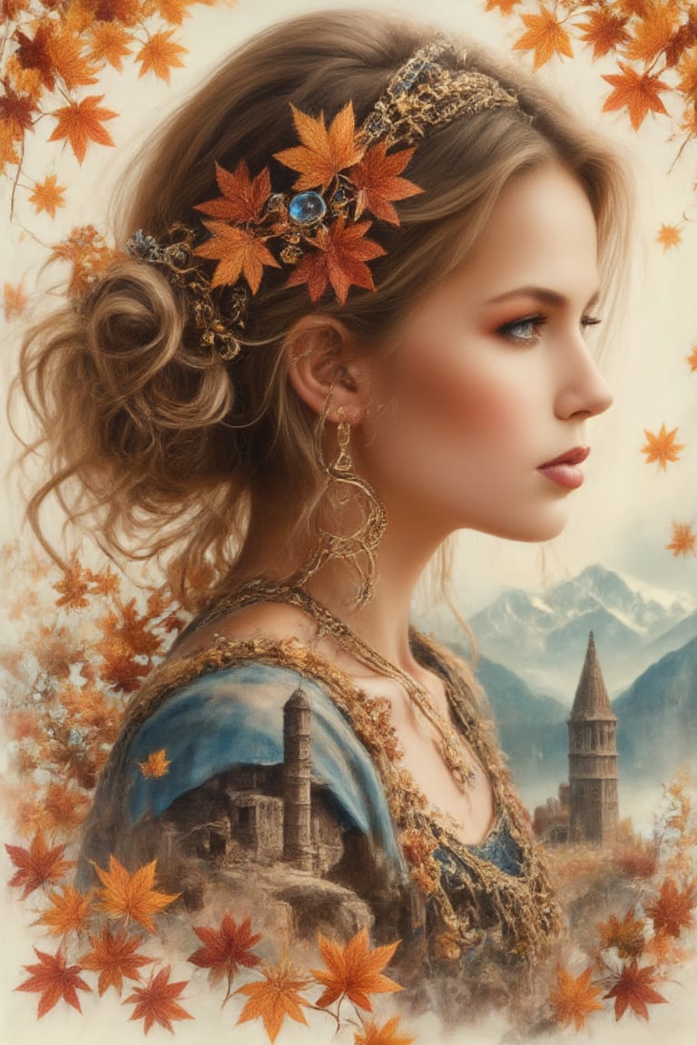 sfumato watercolor with elements of anime, steampunk and calligraphy, delicate autumn colors, gold, orange, blue, double exposure, profile of a cute autumn girl in maple leaves against the background of a fortress in the mountains by the sea, fusion and disintegration, fusion of textures, symbiosis of jewels and ruins, dark fantasy, dark botanical, surrealism, filigree drawing of small details,zaya